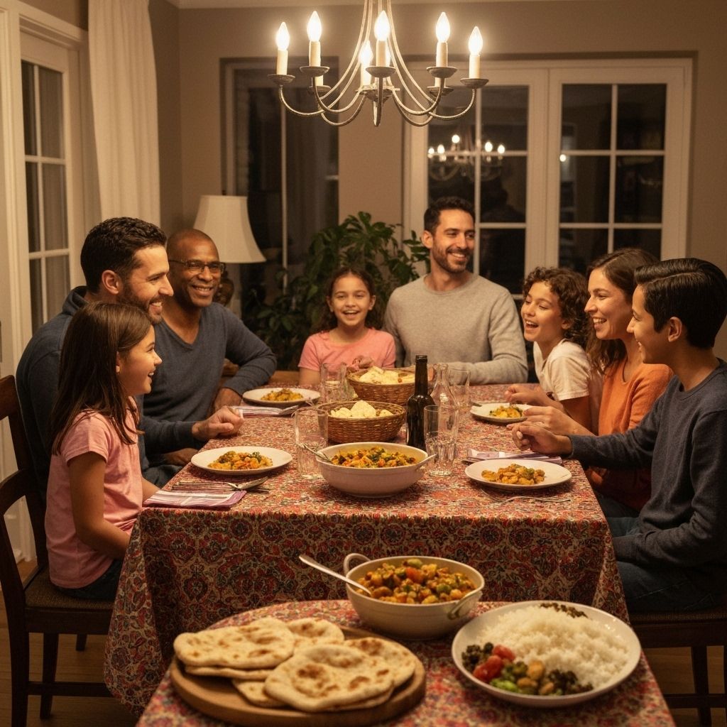 Família feliz comendo junta